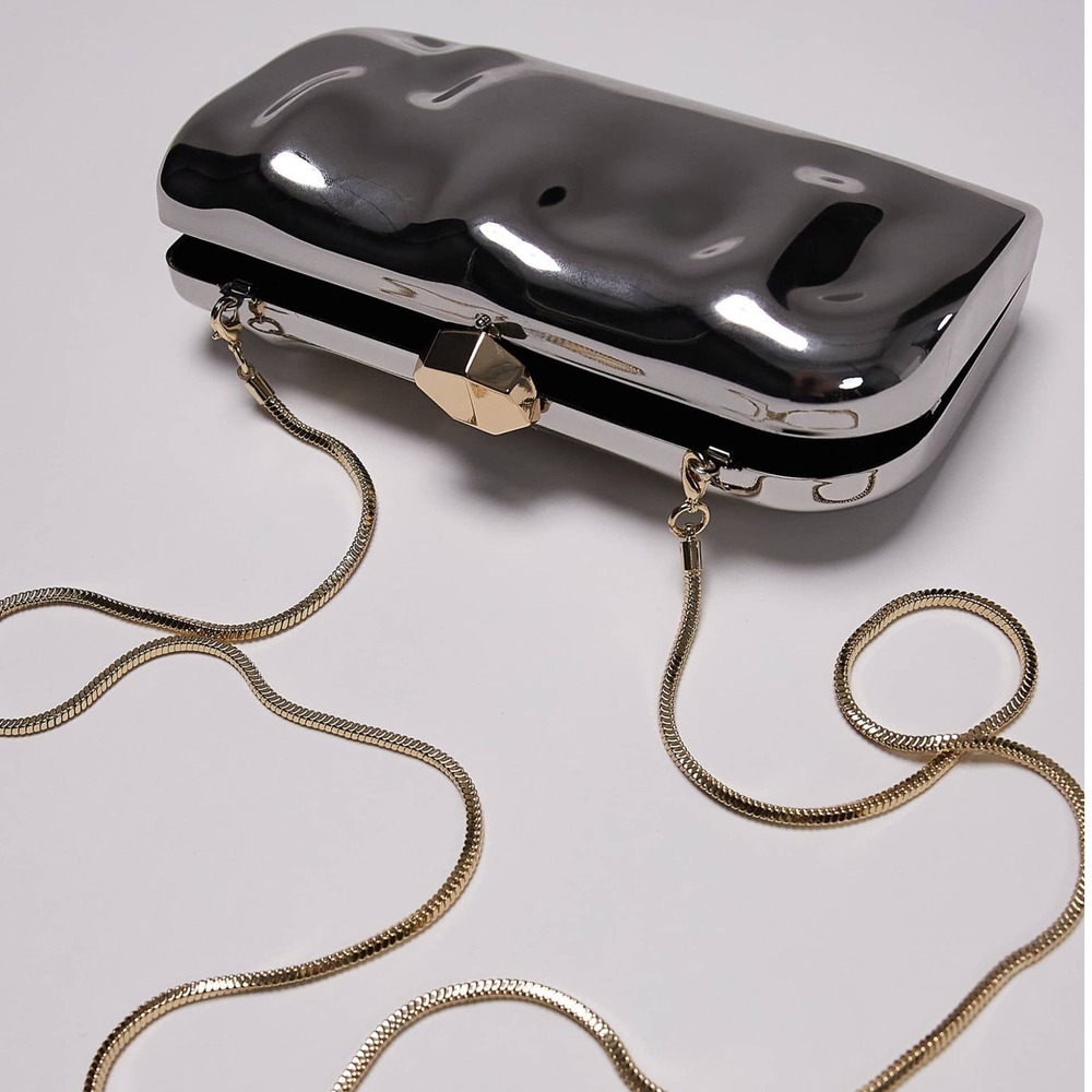 Mango Silver Metal Clutch Bag Metallic Gold Chain Minimalist Wedding Bridal Gala